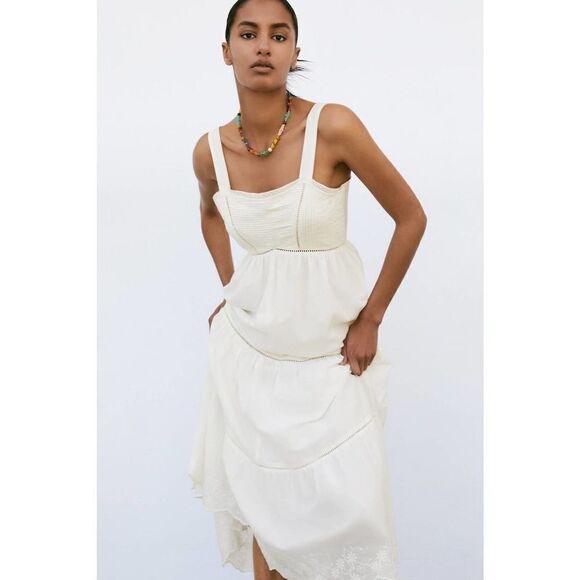 ZARA PINTUCK MIDI DRESS ECRU NEW - Picture 9 of 9